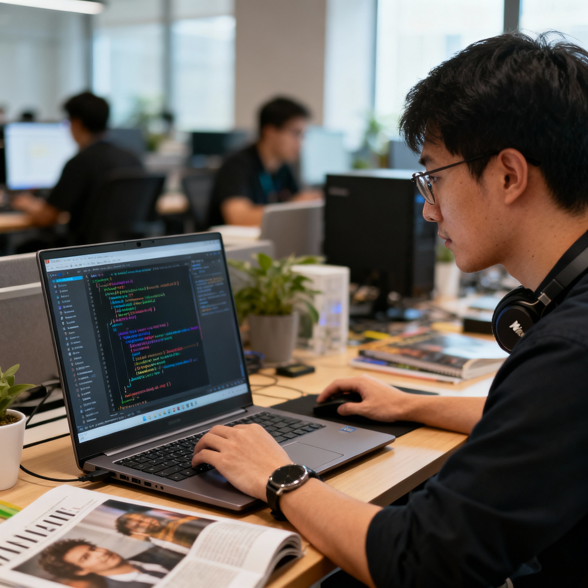 Developer working with auto-graded coding platform showing instant feedback